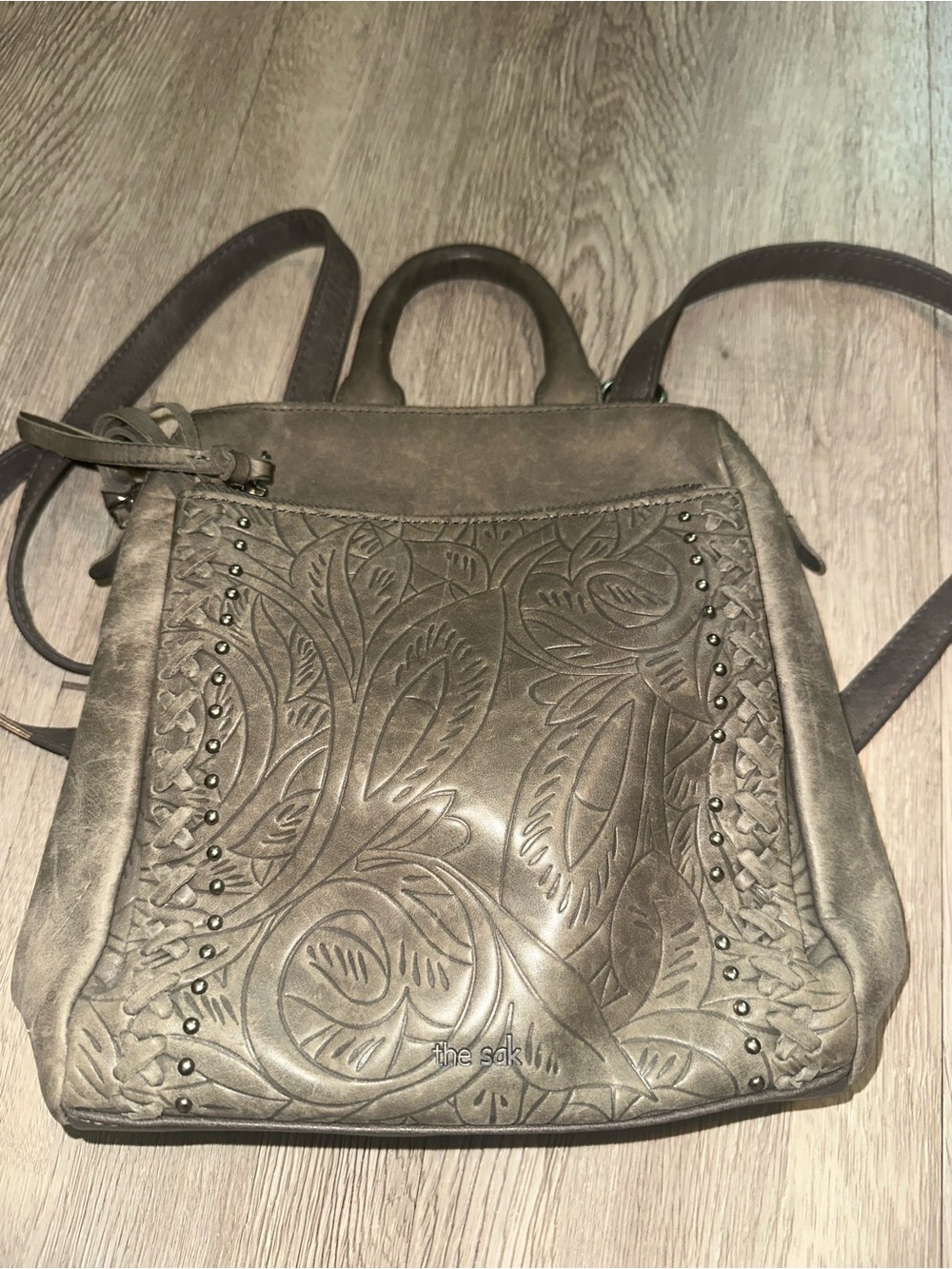 The Sak Gray Embossed Leather Backpack Bag Purse